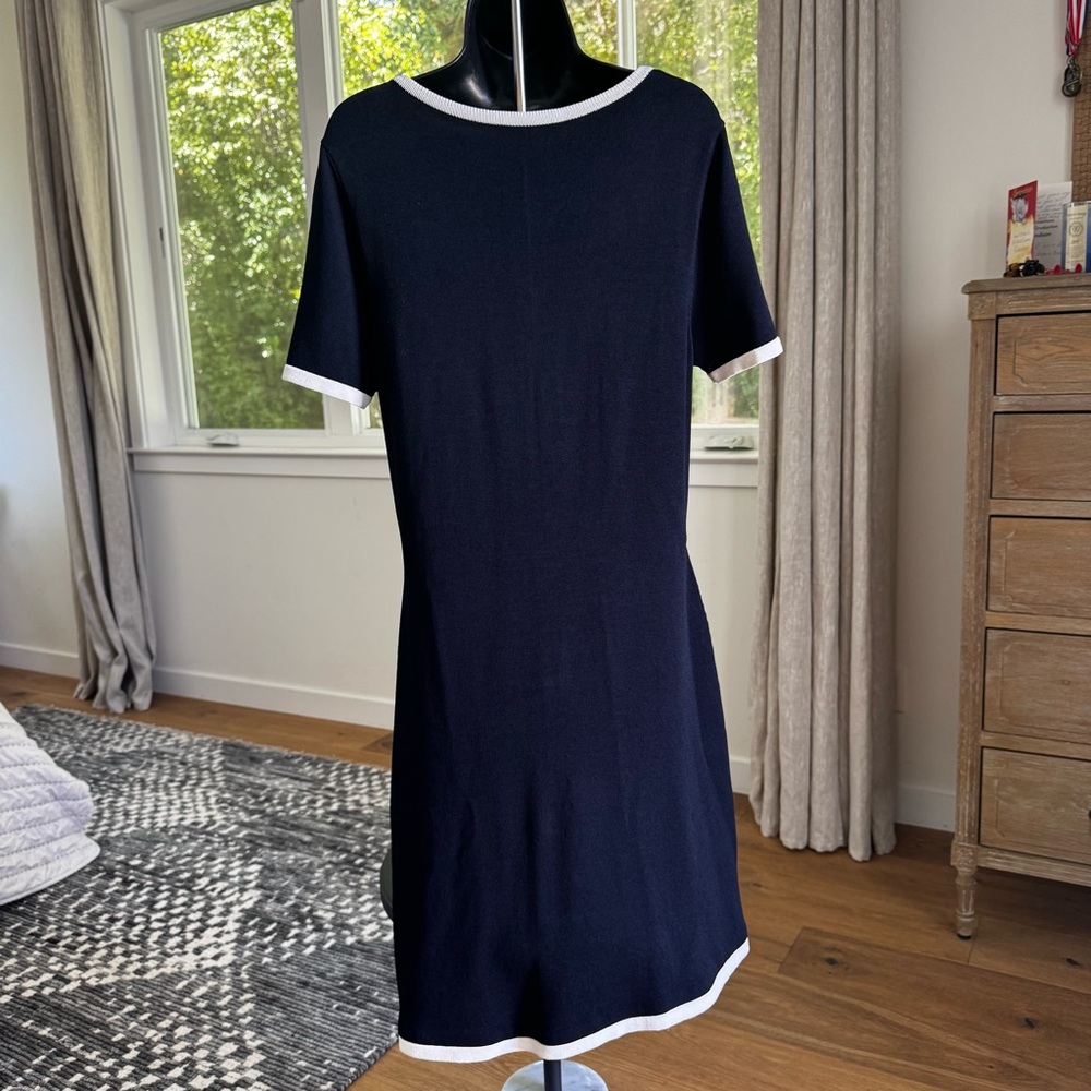 Luisa Spagnoli Navy Blue Knit Dress IT 44 US 8 Bow Trim Elegant Classic Luxury - Picture 4 of 11